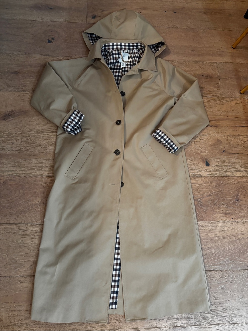 Joie Tan Hooded Trench Coat with Gingham Lining